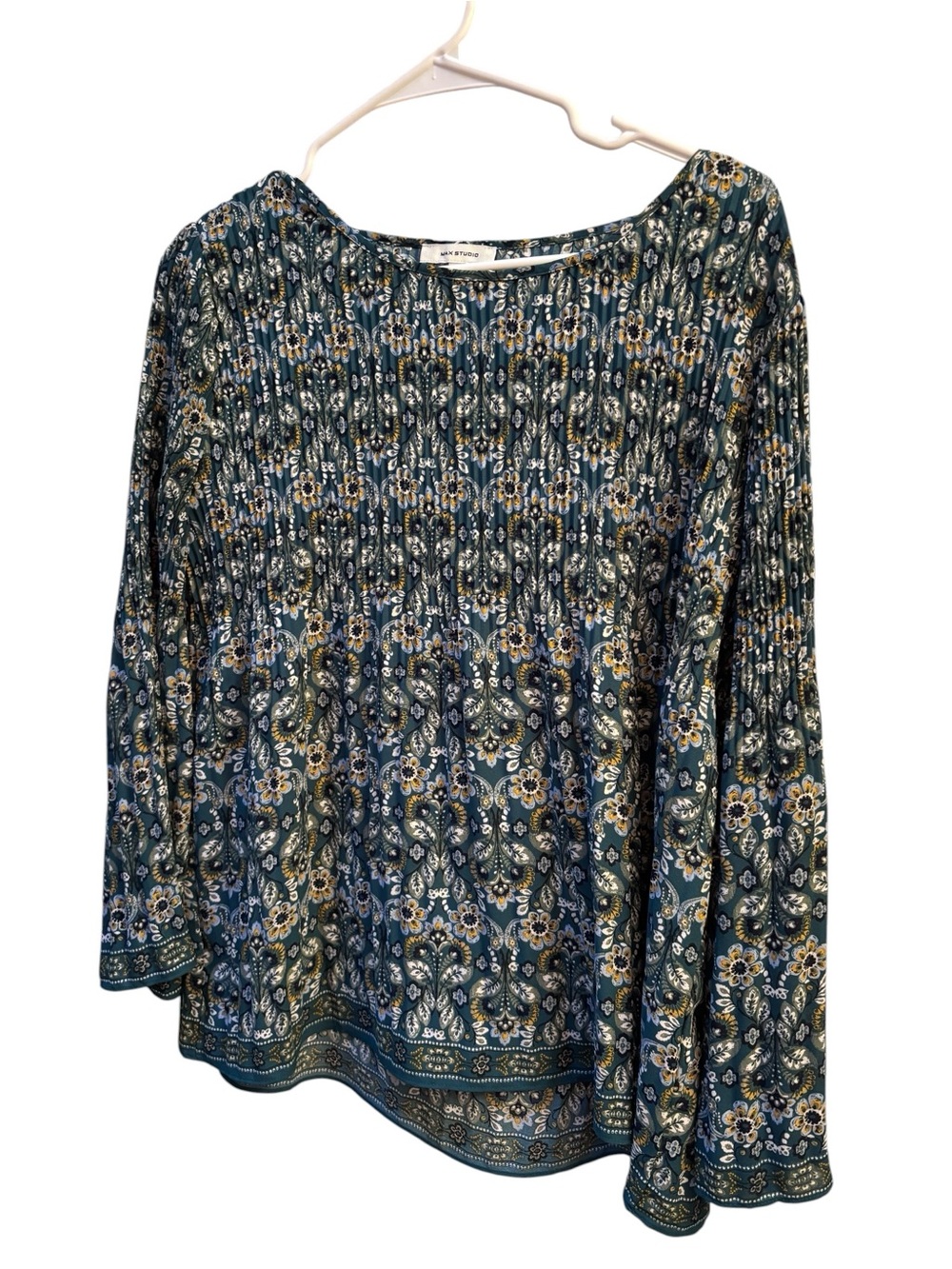 Max Studio Teal Paisley Floral Smocked Yoke Tunic